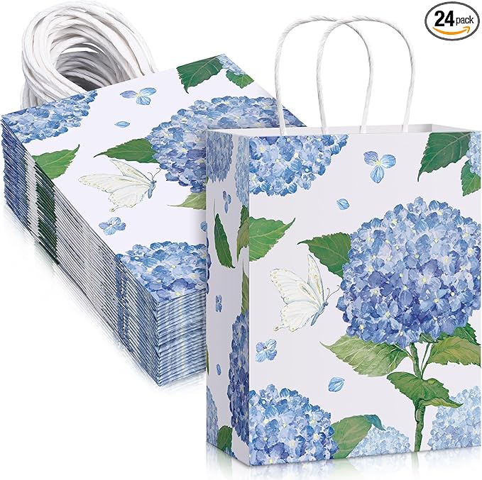 24 Pcs Floral Gift Bags Watercolor Hydrangea Paper Gift Bags with Handles Summer Party Favor Bag for Wedding Birthday Baby Shower