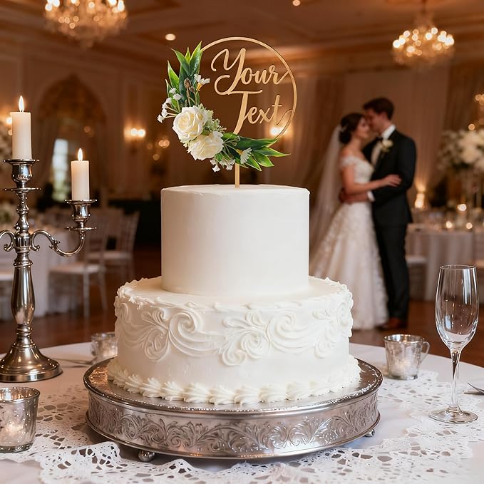 CustomText Wedding Cake Topper with 3D Artificial Flowers and Green Leaves Personalized Your Text Birthday Cake Decoration (Oak Finish)