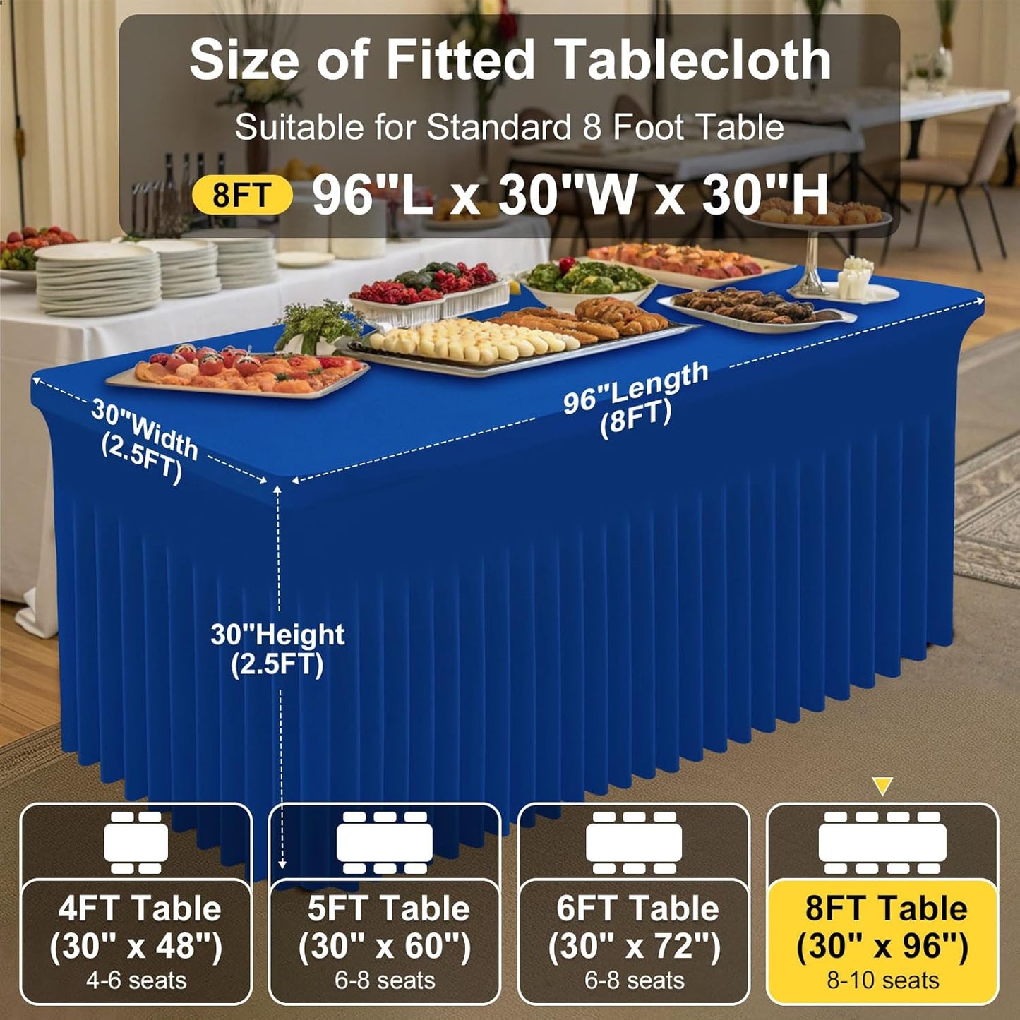 Smiry Spandex Tablecloth, Elastic Fitted Stretch Tablecloth for 8FT Rectangle Tables, Waterproof Washable Table Cover Skirt for Outdoor, Wedding, Banquet & Parties (Blue, 96Lx30Wx30H Inch)
