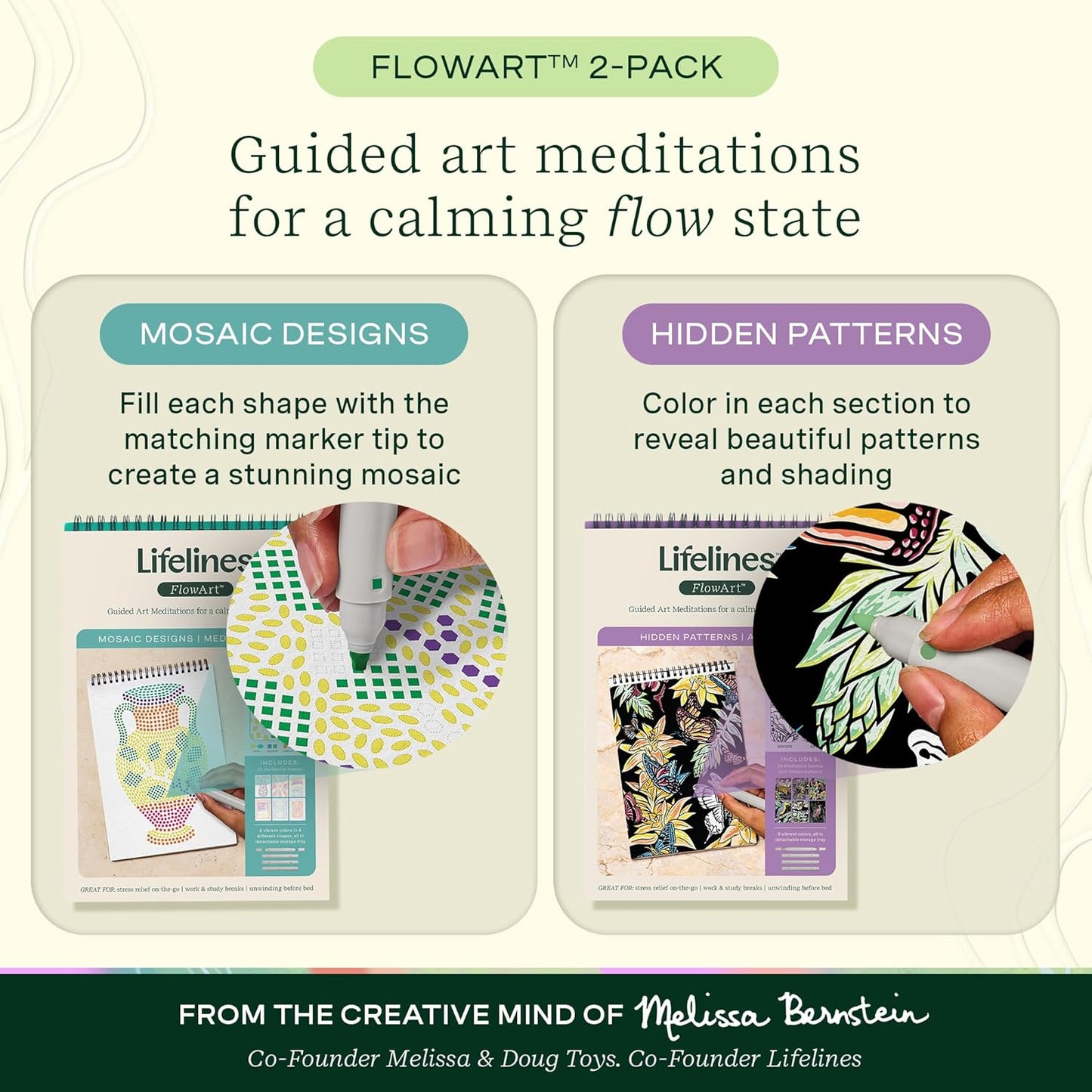 Lifelines FlowArt Activity Pad, 2-Pack - Guided Art Meditations with Markers - Mediterranean Mosaic Designs & Animal Hidden Patterns - Coloring Books for Teens, Adults & Seniors