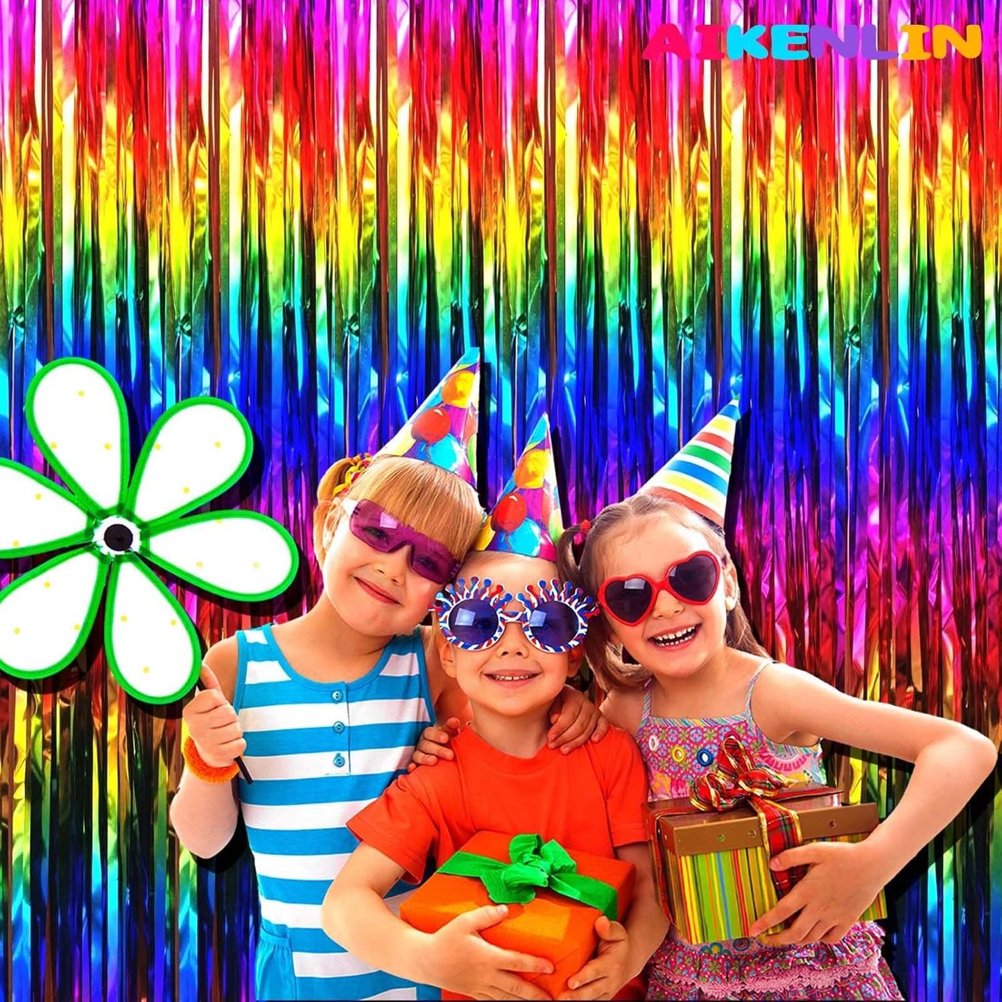 4 Pack 3.3Ft x 6.6Ft Rainbow Foil Fringe Curtain Backdrop, Colorful Metallic Tinsel Foil Fringe Streamers Curtains Background for Photo Booth, Birthday, Wedding, Valentine's Day Party Decoration