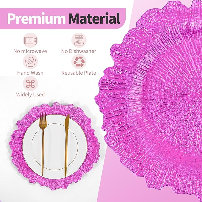 24 Pcs Hot Pink Charger Plates Bulk 13 Inch Plastic Charger Plates for Dinner Plate, Hot Pink Chargers for Table Setting, Reef Design Plate Floral Decorative Round Chargers for Wedding Party Event