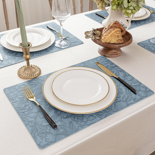 Romanstile Vinyl Placemats Set of 4-12 X 18 Inch - Heat Resistant Non-Slip Embossed Floral Place Mats 100% Waterproof Oilproof Wipeable Faux Leather Table Mats for Kitchen/Dining/Party, SkyBlue