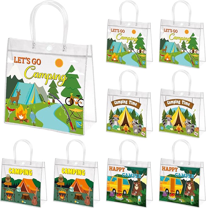 H1vojoxo Camping PVC Gift Bags - 24PCS Camping Party Favors Bags with Handles 7.9x3.2x7.9 Inch Camp Theme Plastic Transparent Gift Bag for Summer Camps Camping Adventures Outdoor Activity Party Favors