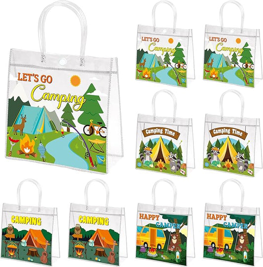H1vojoxo Camping PVC Gift Bags - 24PCS Camping Party Favors Bags with Handles 7.9x3.2x7.9 Inch Camp Theme Plastic Transparent Gift Bag for Summer Camps Camping Adventures Outdoor Activity Party Favors