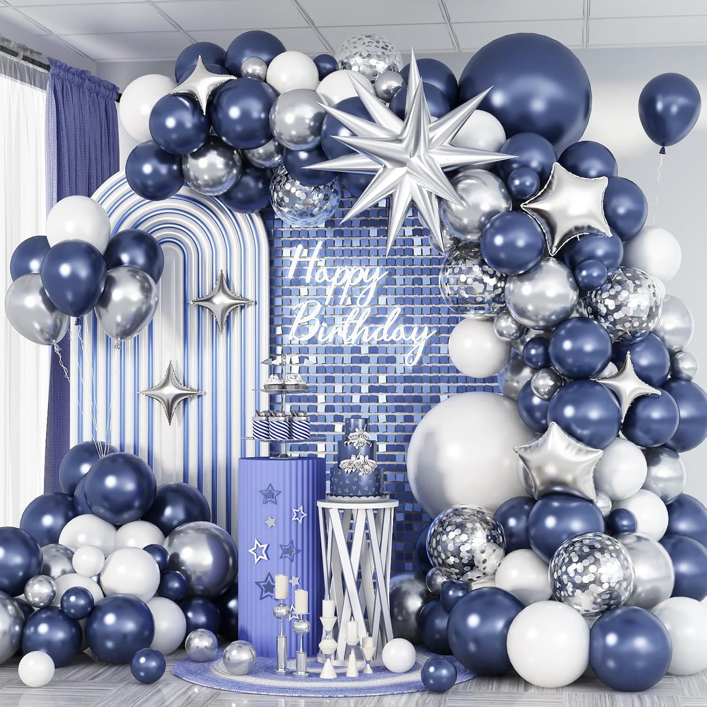 Blue Silver Balloon Garland Arch Kit, Navy Blue White Balloon Arch Kit, Metallic Silver Confetti Balloons Star Foil Balloons for Graduation Birthday Wedding Baby Shower Eid Ramadan Party Decorations