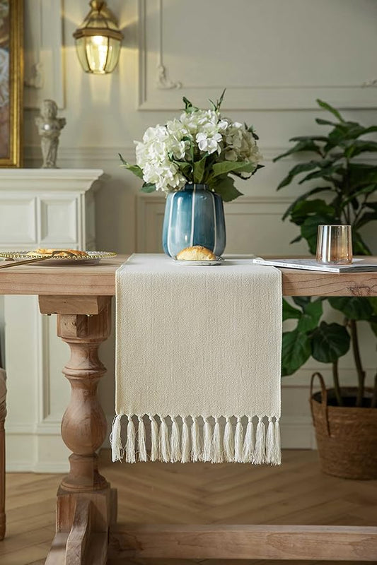 ZeeMart Cream Table Runners 72 Inches Long, Burlap Linen Style Rustic Farmhouse Table Runner, Boho Woven Dining Table Runner, 13x72 Inches, Cream