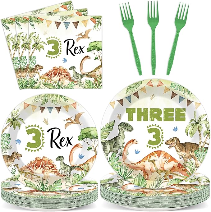 96PCS Dinosaur 3rd Birthday Party Paper Plates and Napkins and Forks Set Watercolor Dino Rex Tableware Set Three Rex Theme Dinnerware Paper Plates for Kids Birthday Gatherings Decorations