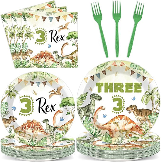 96PCS Dinosaur 3rd Birthday Party Paper Plates and Napkins and Forks Set Watercolor Dino Rex Tableware Set Three Rex Theme Dinnerware Paper Plates for Kids Birthday Gatherings Decorations