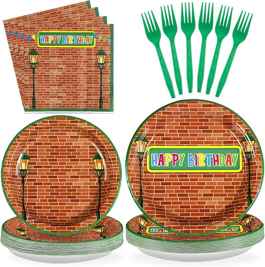 Grencian 96 Red Brick Wall Street Party Supplies Modern Cartoon Sesame Plates and Napkins Tableware Sets Sesame Birthday Disposable Plate for Kids Birthday Baby Shower Serves 24