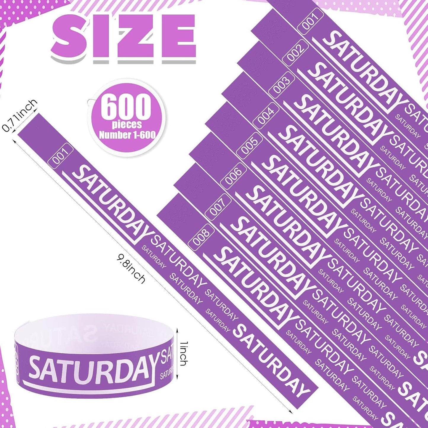 Henoyso 600 Pcs Saturday Paper Wristbands Event Admission Paper Bracelets Numbered Waterproof Party Armbands for Events Day of The Week(Purple)