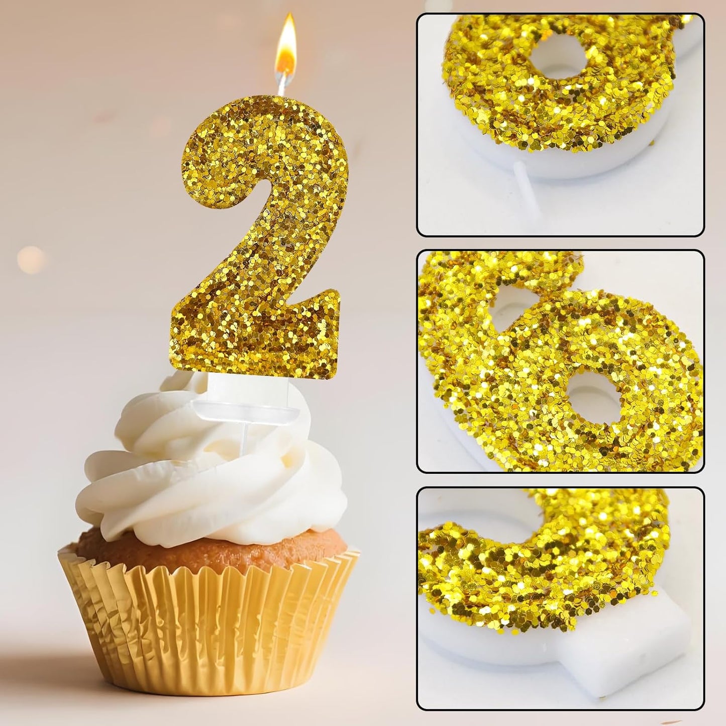 Birthday Number Candles, Glitter Number Candle Cake Decorations with Sequins, Cupcake Decorations for Girls, Women, Party Anniversary Celebrations (Number 2, Golden)