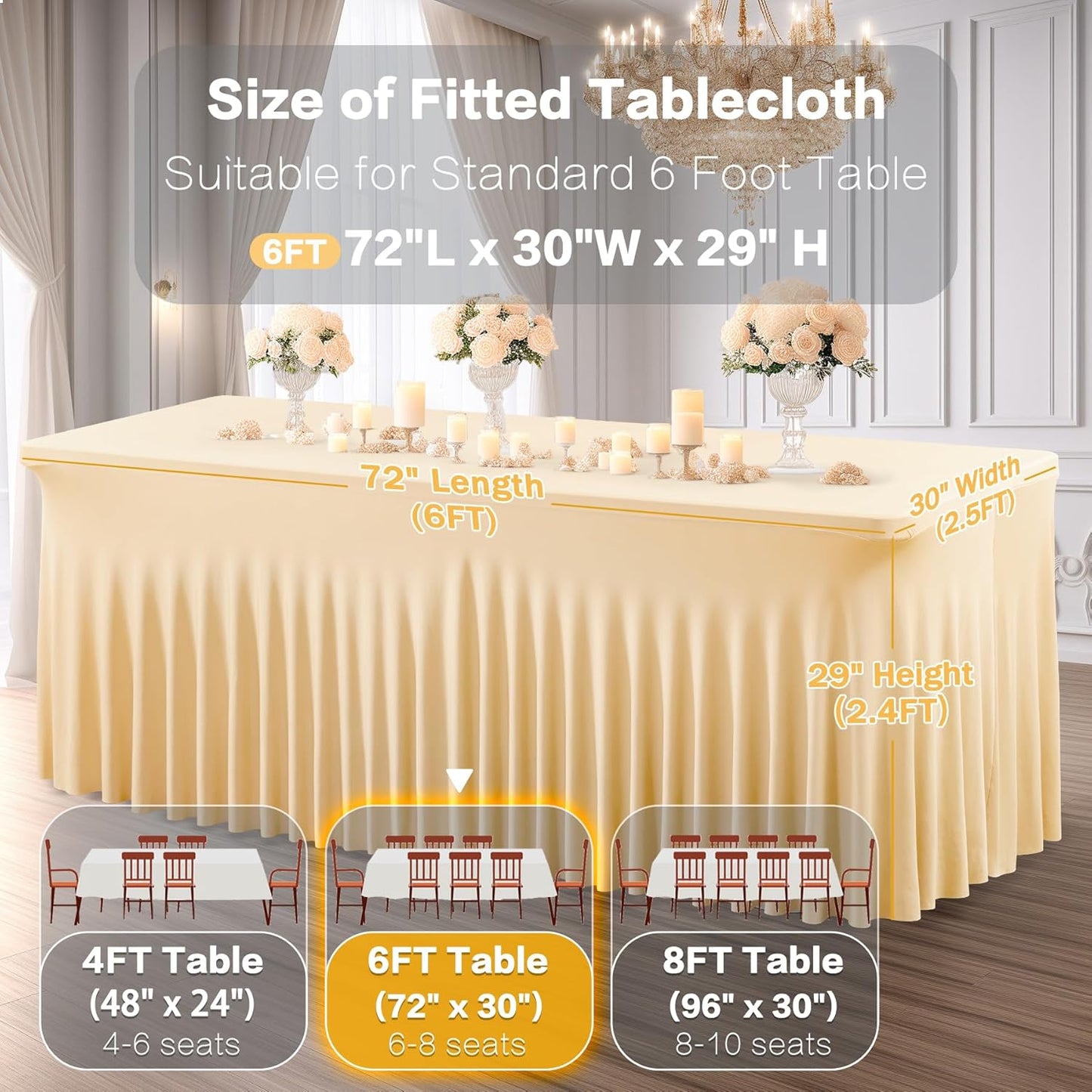 Champagne Spandex Table Covers 6ft, 6 Packs Fitted Table Covers for 6 Foot Tables Stretch Spandex Table Skirts Rectangle Tables for Event, Wedding, Banquet & Parties