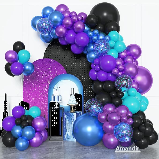 Amandir 153pcs Black Purple Blue Balloon Arch Garland Kit, Different Sizes 18 12 10 5 inch Confetti Teal Metallic Blue Purple Balloons for Video Outer Space Cat Themed Shower Birthday Party Decoration