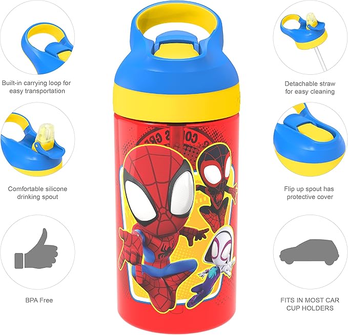 Zak Designs 5-Piece Dinnerware Set, Marvel Spidey and His Amazing Friends - Durable Plastic & Stainless Steel - Includes Water Bottle, Plate, Bowl, Fork & Spoon - Suitable for Kids Ages 3+