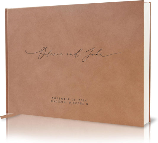 MUUJEE Personalized Guestbook in Old Rose - Premium Custom Modern Guest Book for Wedding Reception, Birthday Party or Events w/Bookmark Blank Pages for Signing 11.5 x 8.5 inches