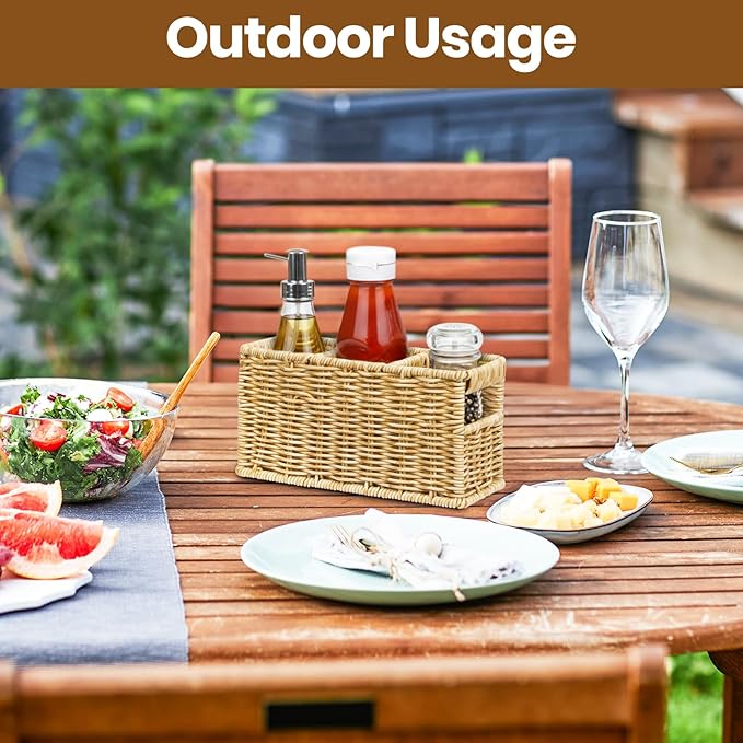 Wicker Utensil Holder, Woven Rattan Silverware Caddy for Party, Countertop Cutlery Storage Box, Knife Fork Spoon Holder, Cabinet Tabletop Silverware Organizer (M, Beige)