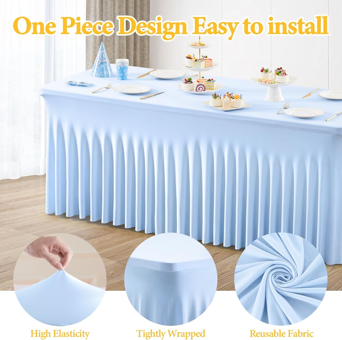2 Packs Baby Blue Table Clothes for 4 Foot Rectangle Table, Spandex Tablecovers 4FT Stretch Fitted Table Covers Rectangle white Skirt for Baby Shower Birthday Party Event Wedding Banquet Decorations