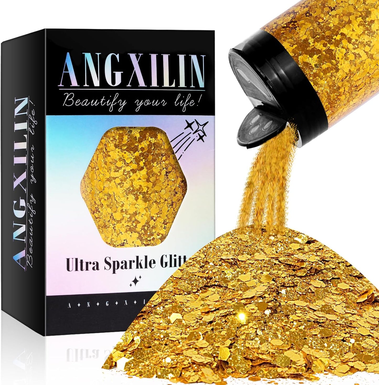 Holographic Chunky & Fine Mixed Glitter, 190g/6.7oz - Bulk Laser Sequin Glitter for Face, Body & Nail Art, Epoxy Resin Tumbler & Jewelry Making - Bright Gold
