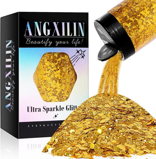 Holographic Chunky & Fine Mixed Glitter, 190g/6.7oz - Bulk Laser Sequin Glitter for Face, Body & Nail Art, Epoxy Resin Tumbler & Jewelry Making - Bright Gold