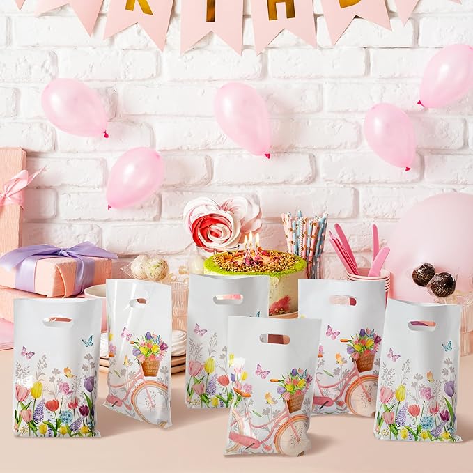 3sscha 50Pcs Spring Floral Tulip Party Favor Bags - Springtime Flower Plastic Waterproof Goodie Bag Bloom Butterfly Rectangular Gift Pack for Kids Birthday Baby Shower Decoration Party Supplies
