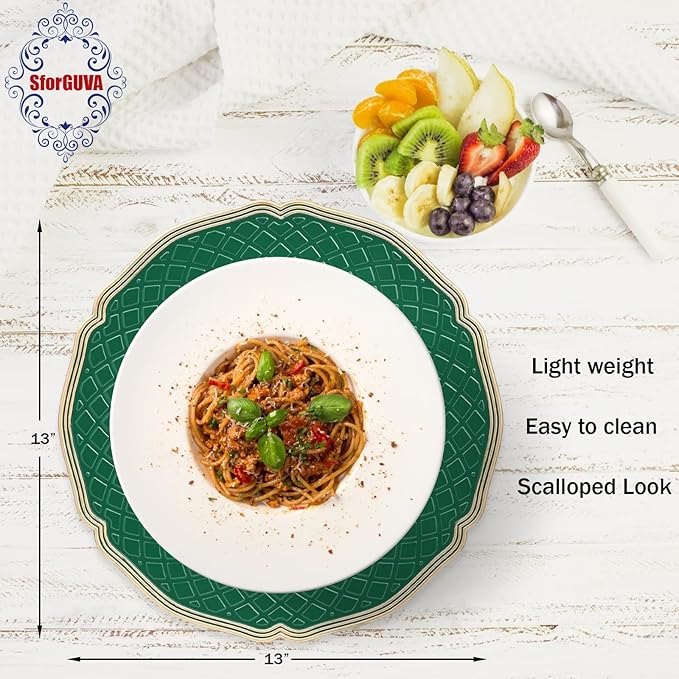 Green Scallop Charger Plates, Set of 6 Plastic Wedding Bulk Plate Charges for Dinner Plates, Table Decoration, Holiday, Thanksgiving, Christmas.