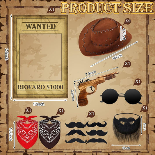 20 Pcs Halloween Western Photo Booth Props Kit Wanted Poster West Cowboy Party Decoration Western Wanted Theme Photo Booth Frame Cowboy Scarf Beard Glasses Hat Set for Halloween West Rustic Party