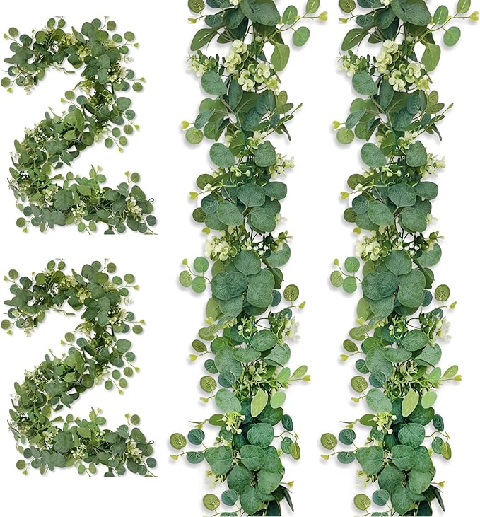 4 Pack Eucalyptus Garland, 5.9Ft Artificial Flowers and Leaves Greenery Garlands for Table, Faux Greenery Garland,Wedding Decorations, Party Decorations, Table Mantel Bedroom Wall Decoration