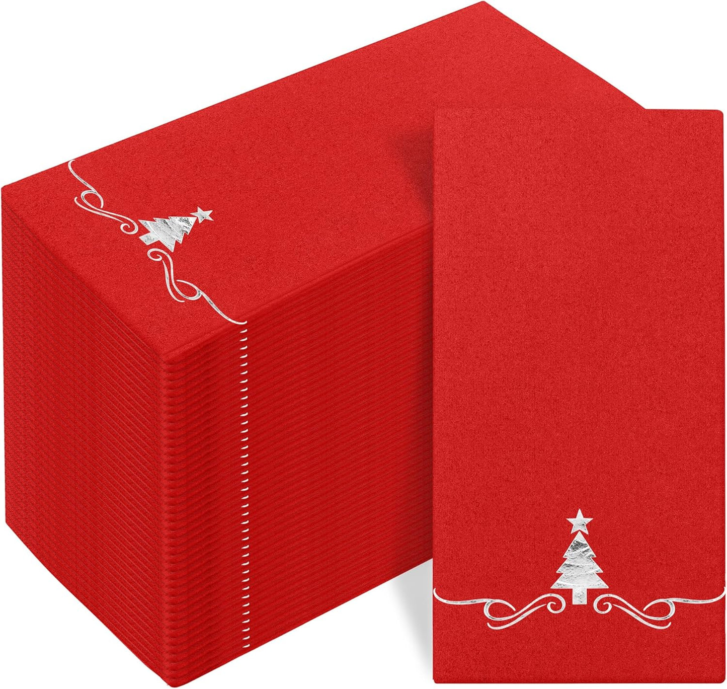 100 Pack Disposable Guest Napkins - 12 x 17 Inch Silver Foil Christmas Trees Napkins Xmas Tree Hand Towels for Bathroom Kitchen Weddings Holiday Party, Red