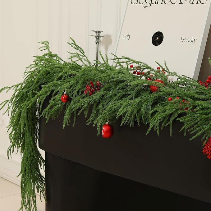 9FT Norfolk Pine Christmas Garland, Real Touch Artificial Greenery Garland for Indoor Outdoor Holiday Decor, Faux Pine Garland with Realistic Needles