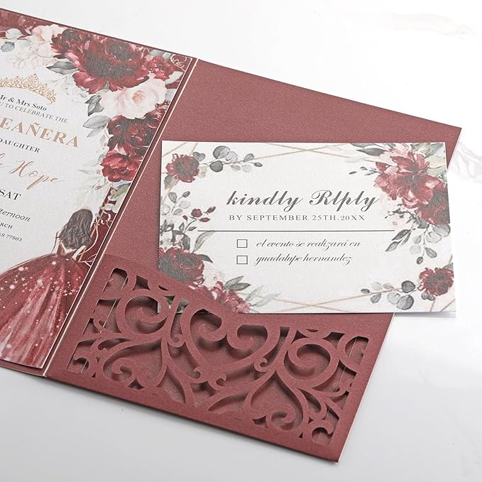 50PCS Burgundy Wedding Invitation Bridal Shower Invitations with Envelopes RSVP- Laser Cut, Personalized Paper Cards for Birthday Party Quince Anniversary
