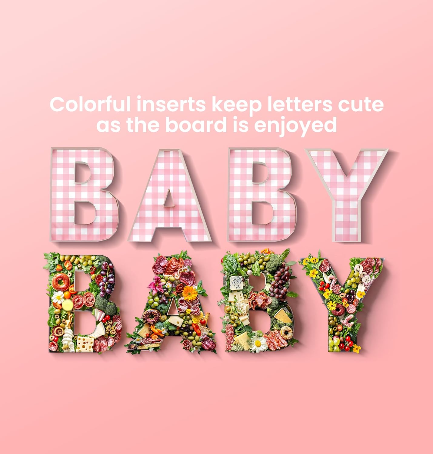 Pop Fizz Designs Charcuterie Board Letters I Baby or Bridal Shower Food Trays I Decorations Cardboard Letters for Charcuterie I Food Display Fillable Letters (Baby (Pink))