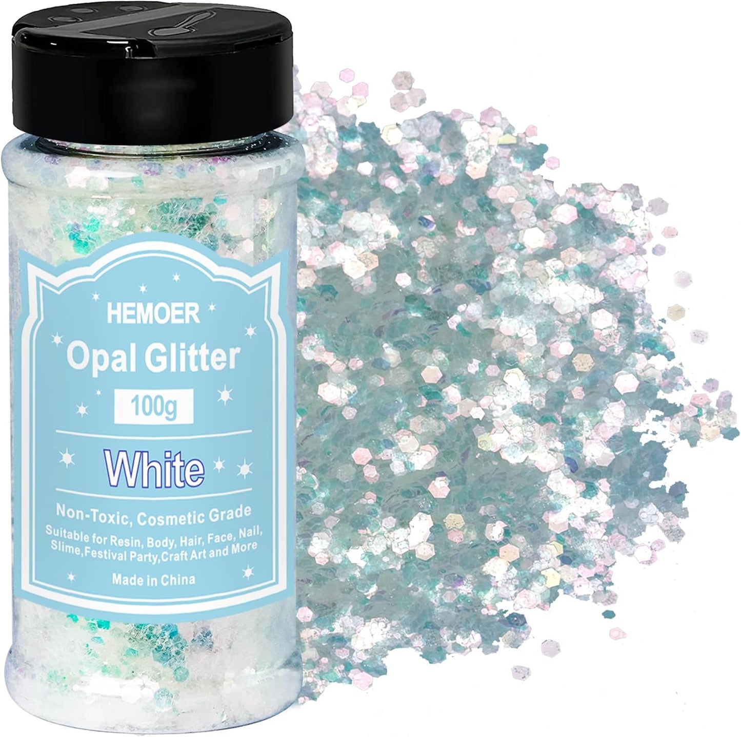 HEMOER White Opal Glitter 100g/3.5oz, Cosmetic Mixed Hexagon Chunky & Fine Craft Glitter Resin Sequins for Epoxy Glass, Resin Art, Body, Hair, Face, Nail, Slime, Tumbler, Festival Party