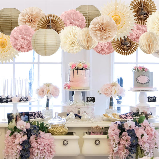 Pink and Beige Party Decorations Dusty Rose Paper Fans Paper Lanterns Pom Poms Flowers for Baby Shower Birthday Wedding Engagement Party