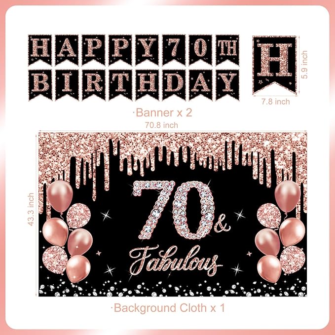 70th Birthday Decorations for Women, 38-Piece Black and Rose Gold 70 Years Old Party Supplies with Backdrop, Honeycomb Centerpieces, Banner, Hanging Swirls, Porch Banner, Balloons, Sash, Crown