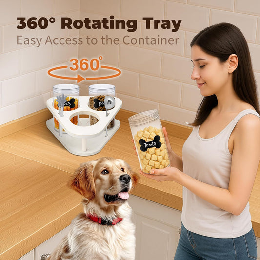 360° Rotating Dog Treat Holder Countertop Wood, Compact Dog Treat Tray for One-Hand Easy Access,3.8‘’ Diameter Slots for 3,Fit Most Spice Jar,Bottles,Cookie Tins & Pet Food Jars,Food Tong and Spoon