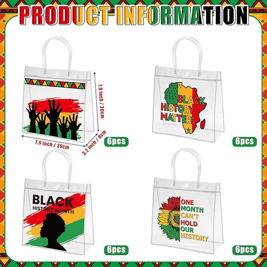 H1vojoxo Black History Gift Bags - 24PCS Black History Month Clear PVC Gift Bags With Handle for School Family Gathering Party Decorations Reusable Clear PVC Goodie Treat Bag for African Party Favors