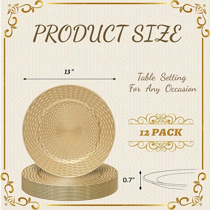 MAONAME 13" Gold Charger Plates Set of 12, Table Chargers for Dinner Plates, Faux Rattan Plastic Plate Chargers, Round Charger for Table Setting, Wedding Decor