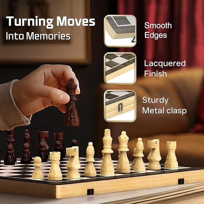 Wooden Magnetic Chess Set & Checkers Board Game, 15” Foldable Chess Board | Solid Wood 2-in-1 Board Game for Adults with Storage Box, 2 Extra Queens, Portable Travel Chess Set for Kids & Beginners