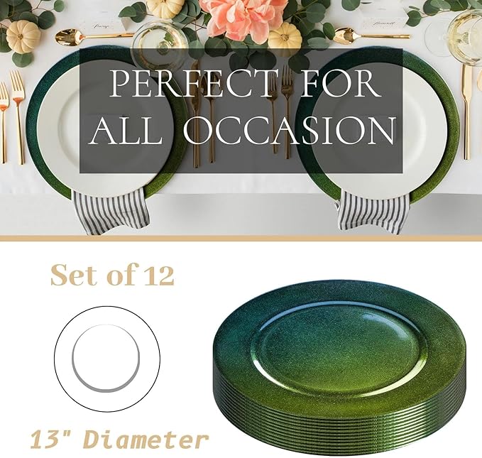 MAONAME Laser Green Charger Plates Set of 12, 13" Round Plate Charger for Dinner Plates, Glitter Plastic Plate Chargers, Table Chargers for Wedding Decor, Party