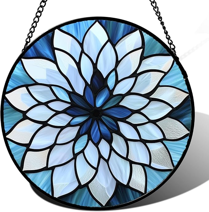Stained Glass Suncatcher, Blue White Multi-Petal Flowers Sun Catcher Landscape Stain Glass Window Hanging Decoration Mother's Day Birthday Gifts for Women Men Mom Nana 9.8 in