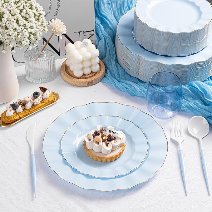 HIGH END 100 Pcs Blue Wave Plastic Plates with Gold Trim, Fancy Disposable Plate Sets Include 50 Dinner & 50 Dessert Plastic Plates, Elegant Disposable Plate Set For Party, Thanksgiving (50 Guests)