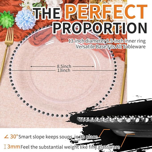 12 Pack Clear Charger Plates Bulk Wedding, 13 Inch Plastic Round Dinner Chargers with Black Beaded Rim, Acrylic Round Decorative Plates for Wedding Party Home and Tabletop Decor (Black)