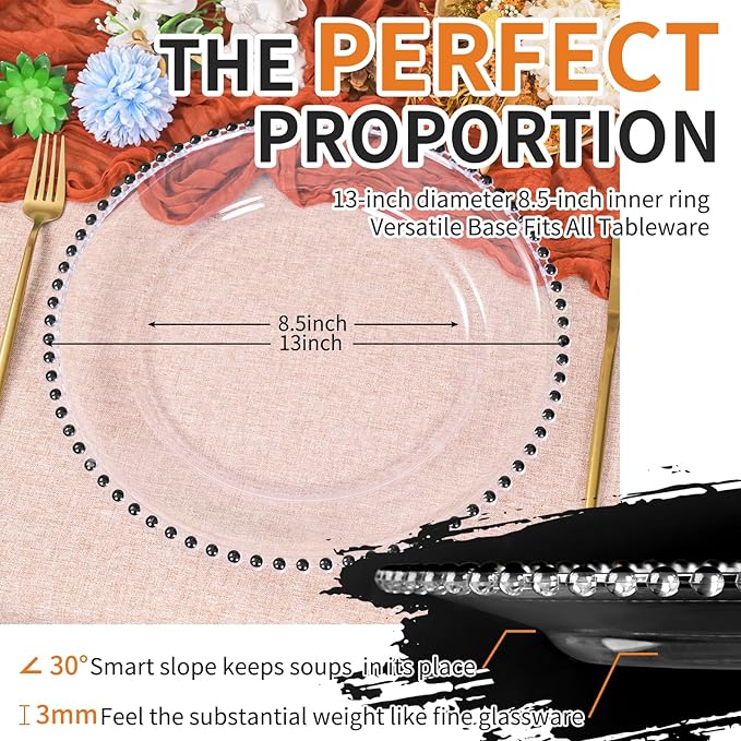 24 Pack Clear Charger Plates Bulk Wedding, 13 Inch Plastic Round Dinner Chargers with Black Beaded Rim, Acrylic Round Decorative Plates for Wedding Party Home and Tabletop Decor (Black)