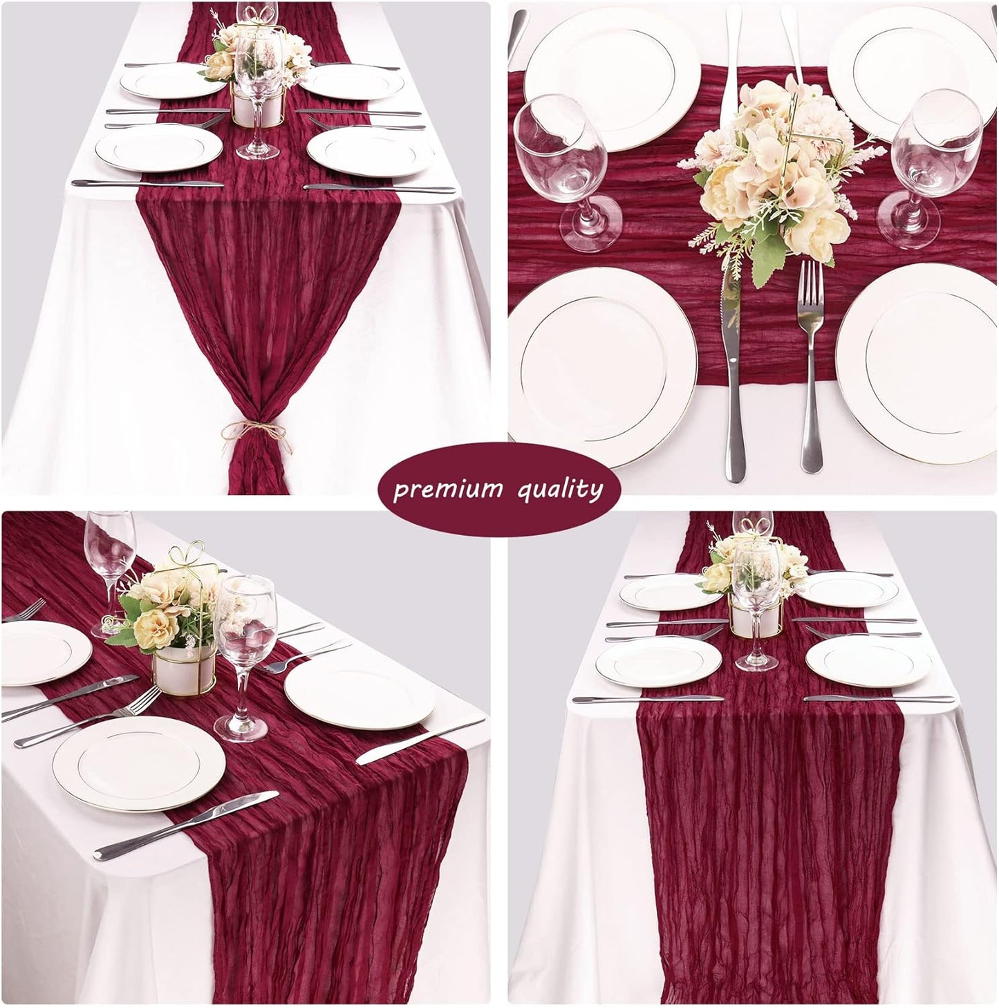 12 Pack 10Ft Cheesecloth Table Runner 35x120 Inch Boho Gauze Table Runner Rustic Cheese Cloth Long Romantic Table Runners for Wedding Bridal Shower Birthday Party Table Decor (Burgundy)