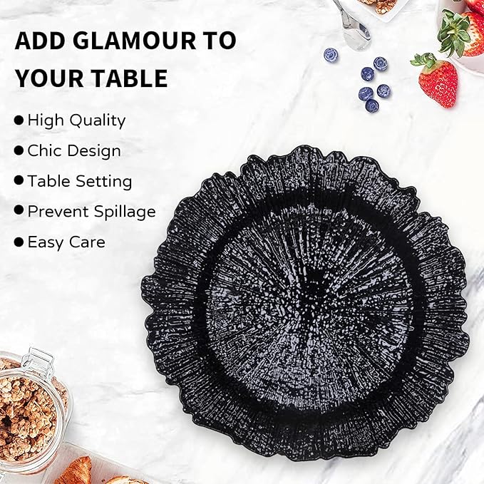 MAONAME Black Charger Plates Set of 12, Reef Plate Chargers for Dinner Plate, Plastic Decorative Plates for Table Setting, Thanksgiving, Christmas