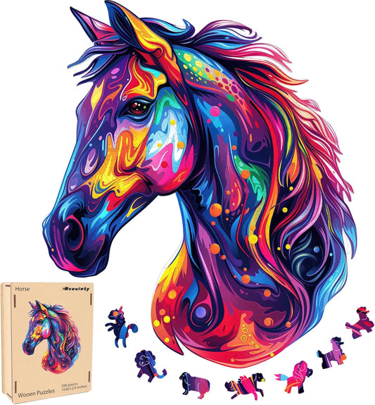 Reouinty Puzzles for Adults 1000 Piece, Horse Liberty Cool Puzzles Wooden Jigsaw 22 * 25.6 in, Unique Shape Animal Adult, Irregular Wood Best Gift for Adults and Kids Family Game