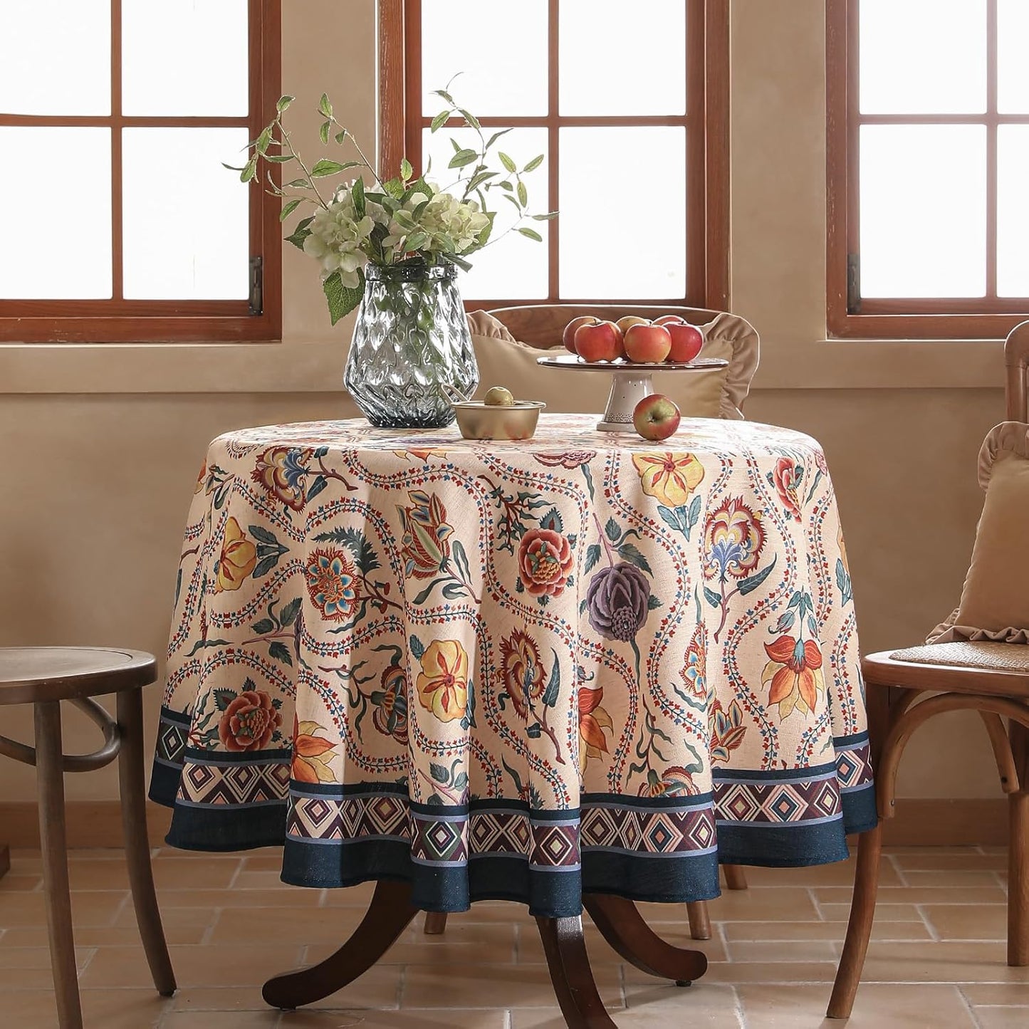Vintage French Round Tablecloth,Linen Extra Long Tablecloth with Rose and Cornflower Pattern,Decorative Table Cover for Kitchen,Dining,Thanksgiving,Christmas,Party,Diameter 67"-Lanae