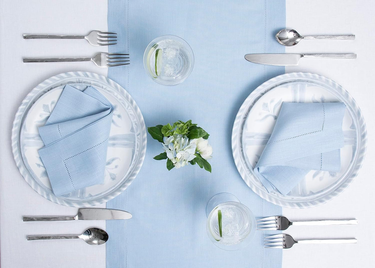 Solino Home Linen Sky Blue Table Runner 60 Inches - Classic Hemstitch, 100% Pure Linen Coffee Table Runner 14 x 60 Inch Ideal for Dresser Tables - Holiday