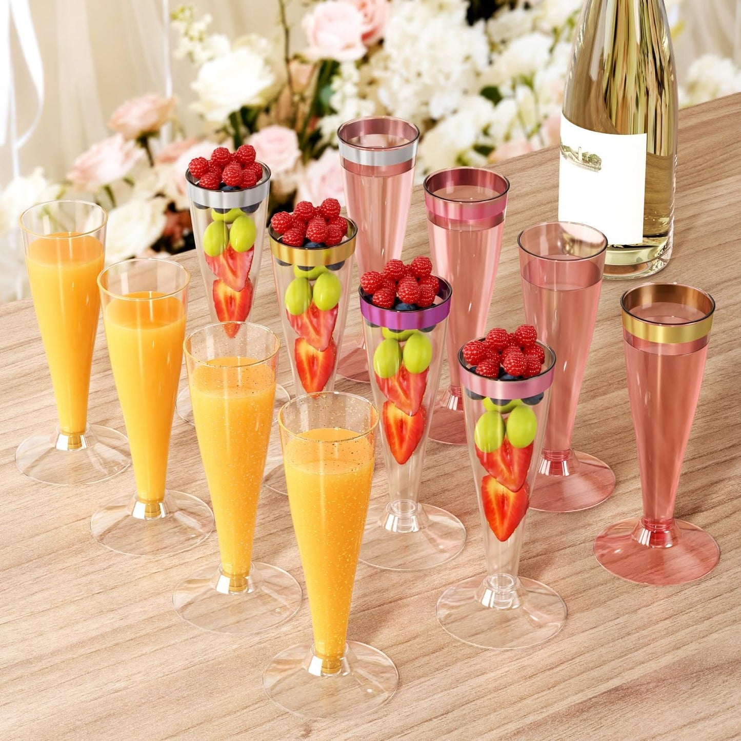 100 Pack Silver Rim Champagne Flutes Plastic Wine Glasses Disposable, 4.5 Oz Clear Silver Rim Mimosa Glasses for 2025 Engagement Wedding Birthday New Years Eve Xmas Party Supplies, Bulk Cocktail Cups